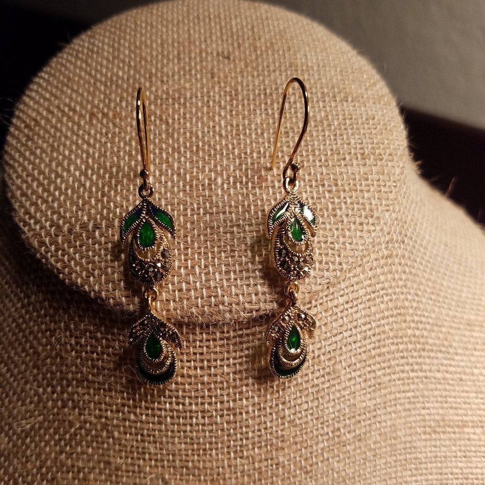 Green crystal and marcasite drop earrings